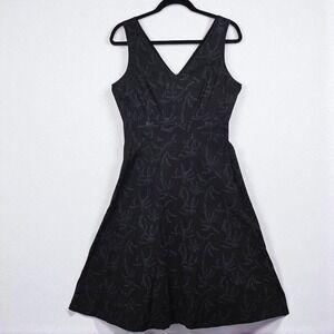 VTG 90s J. Crew Fit & Flare Dress Woman 8 Black‎ Sleeveless Bamboo Cut Out Print